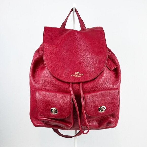 Coach Bille Red Pebbled Soft Leather Double Turn Lock Backpack - Picture 1 of 16